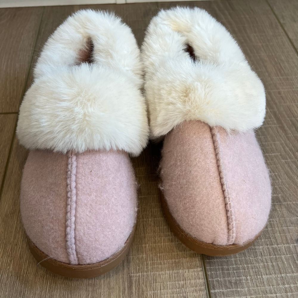 Dearfoams DLuxe Kids Slippers Pink Faux Fur Trim Scuff Small US 5-6 EU 36-37